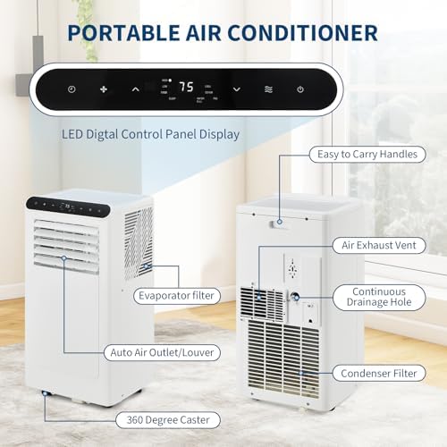 Portable Air Conditioner with Remote Control, 8000 BTU for Rooms Up to 350 Sq. Ft. 3-In-1 Quiet AC, Dehumidifier, and Fan Comes with Window Installation Kit, 24-Hour Timer, and Sleep Mode,White