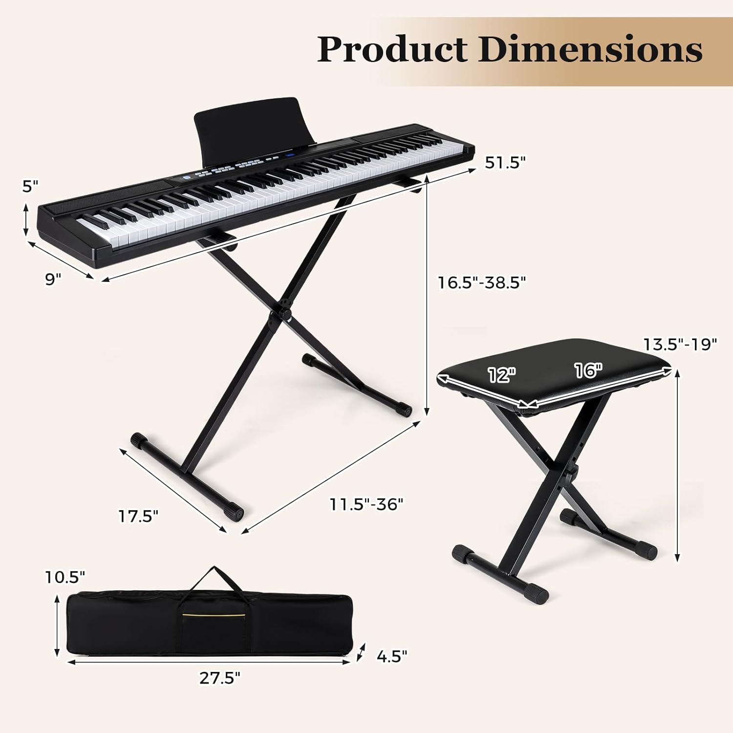 Costzon 88 Key Piano Keyboard, Electric Digital Piano with Stand, Lighted Full Size Sensitive Keys, Headphones, MIDI, Sustain Pedal, Bench, Carrying Case, Portable Keyboard Piano for Beginners (Black)