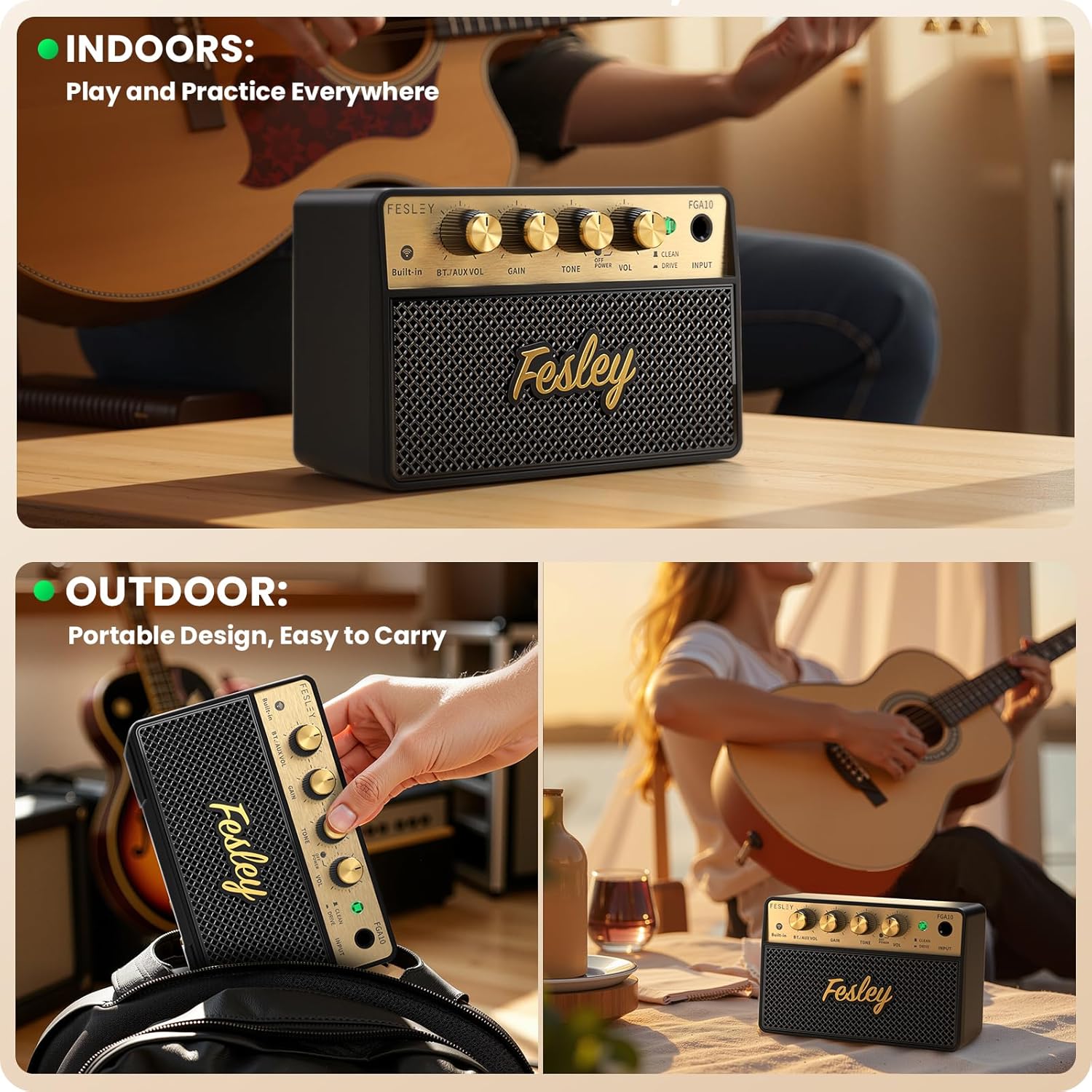 Fesley LP Electric Guitar with Arched Top Sunburst+ Fesley Mini Guitar Amp 10W Portable Recharged Guitar Amplifier