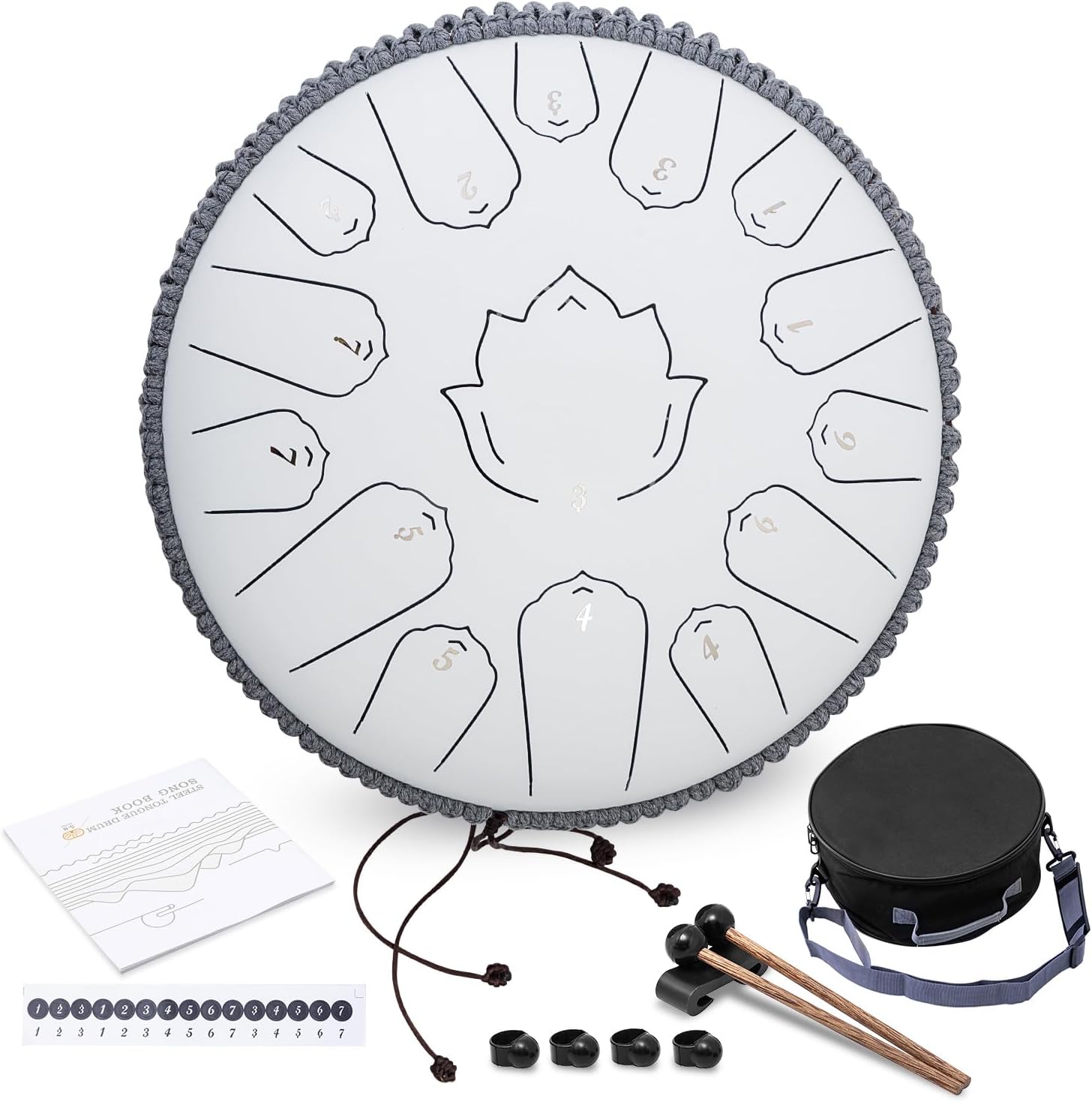 Steel Tongue Drum 13 Inch 15 Notes,Hand Drums with C-Key Travel Bag Drumsticks Holder Finger Paddles and Music Book,Handpan Percussion for Musical Education Meditation Yoga Gifts(Titanium White)