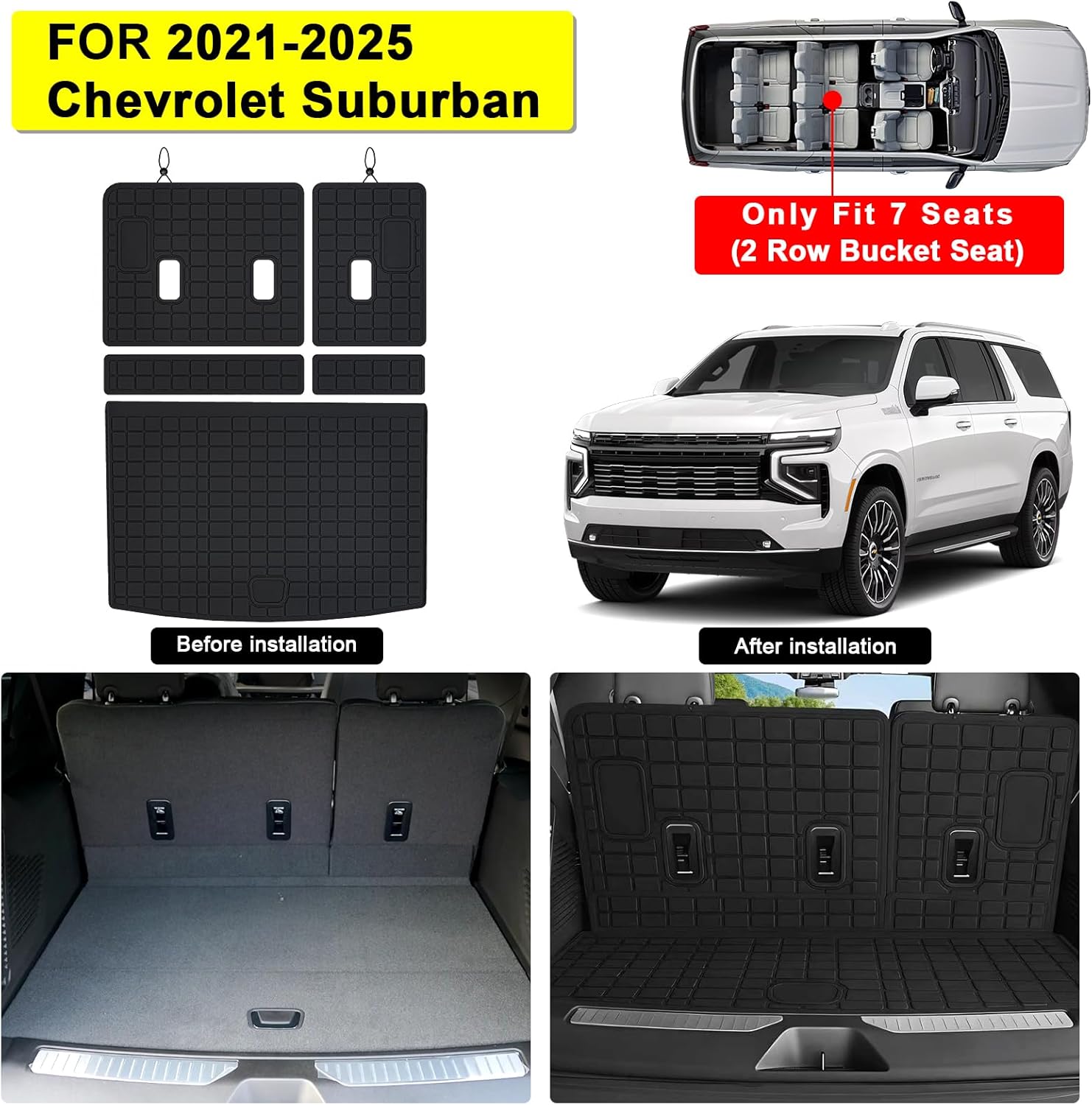 Floor Mats & Cargo Mat Mat & Backrest Mat for 2021-2026 Chevy Chevrolet Suburban 7 Seats Accessories-2 Row Bench Seat/GMC Yukon XL/Cadillac Escalade esv (Non Short) Car Floor Liners