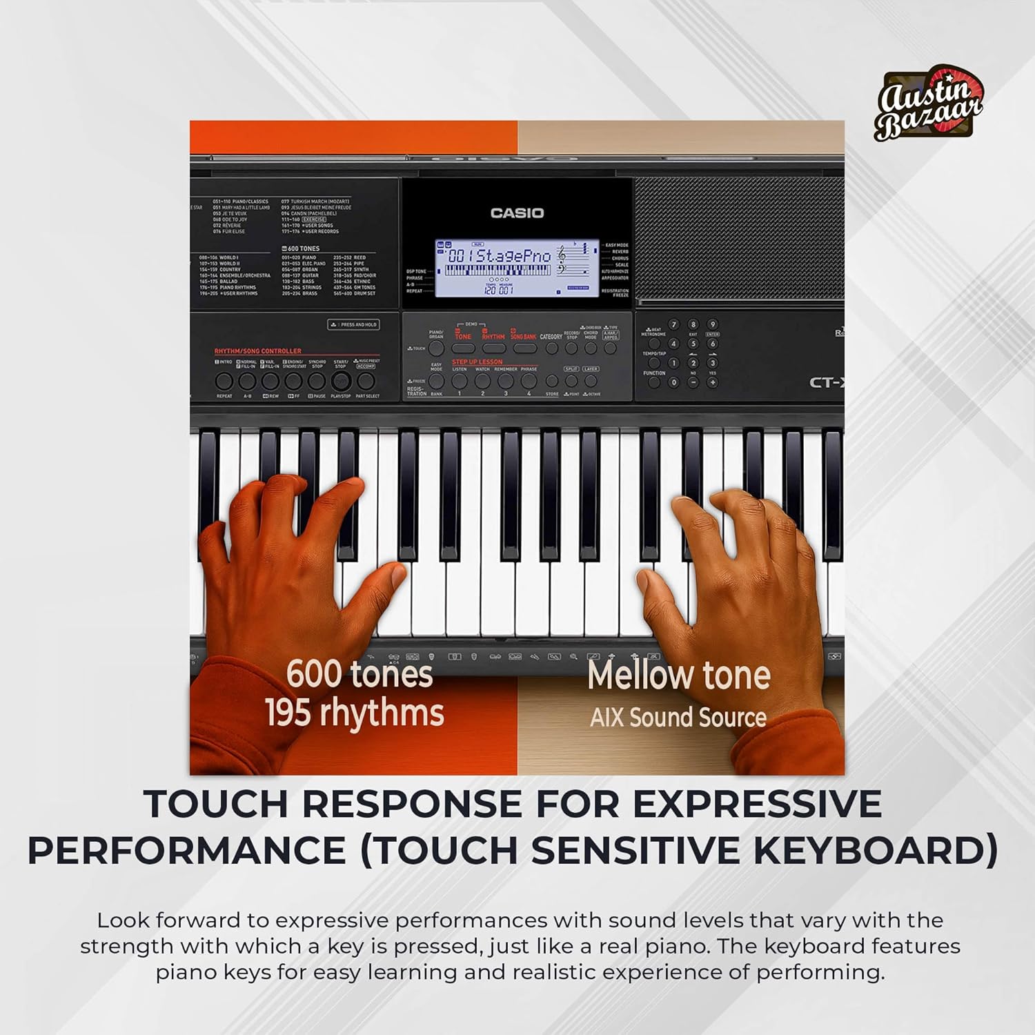 Casio CT-X700 Portable Keyboard Bundle with Adjustable Stand, Bench, Headphones, Sustain Pedal, Power Supply, Instructional DVD, and Austin Bazaar Polishing Cloth