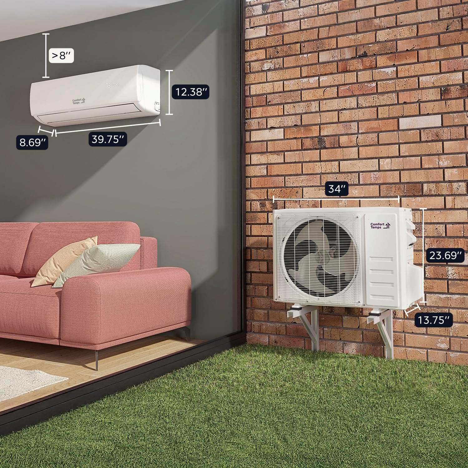 Energy-Saving 18000 BTU / 220V Mini Split AC/Heating System – 21 SEER, Pre-Charged, Quiet & Comfortable Mini Split with WiFi & Complete Easy Install Kit (Elite Series by Comfort Temps)