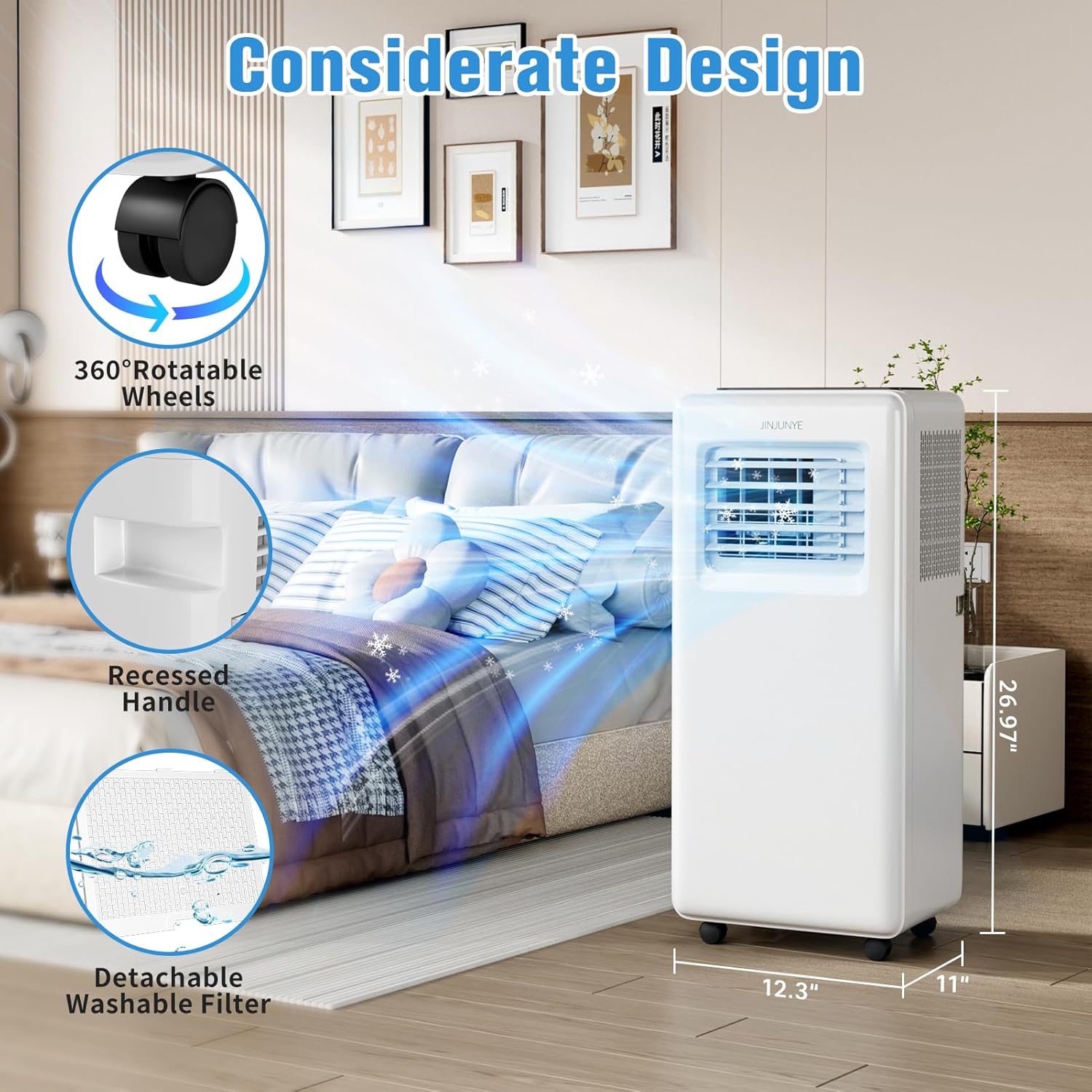 JINJUNYE Portable Air Conditioners 10,000 BTU 4-In-1 with 7 Color LED Light, Portable AC Unit Dry, Fan, Sleep Mode, Cool Room Up to 450 Sq.Ft, 24H Timer, Window Kit(Battery not Included)