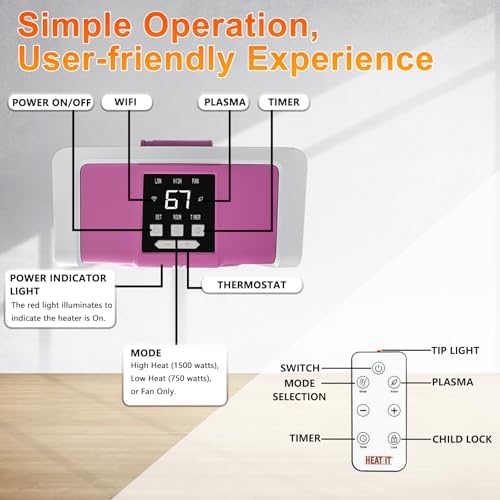 HEATIT Space Heater with Remote for Indoor, Digital Display with Thermostat,Containing Plasma & Ozone, 1-12H Timer, 1500W/750W,Electric Space Heater for Office, Bedroom,Pink,10.6