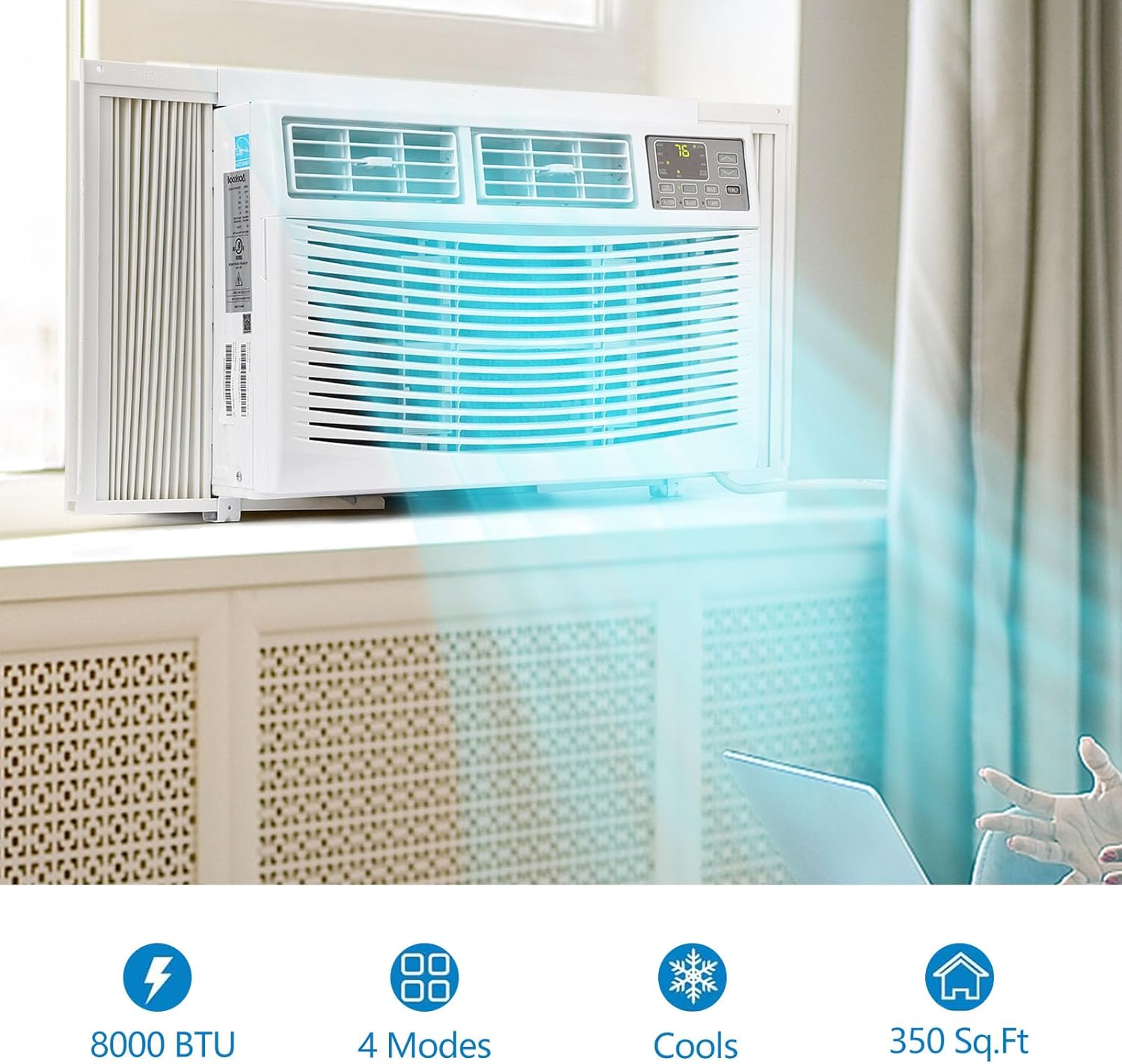 8000 BTU Window Air Conditioner with WiFi, Ideal for Bedrooms & Small Rooms, 115V, White - Remote Control, App Control, 3 Fan Speeds, Quiet Operation