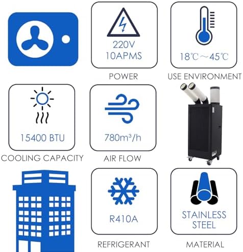 15,400 BTU Mobile Spot Cooler Double Columns Industrial Air Conditioners 780m³/h Portable Cooling Aircon for Outdoor/Indoor 220V 2100W