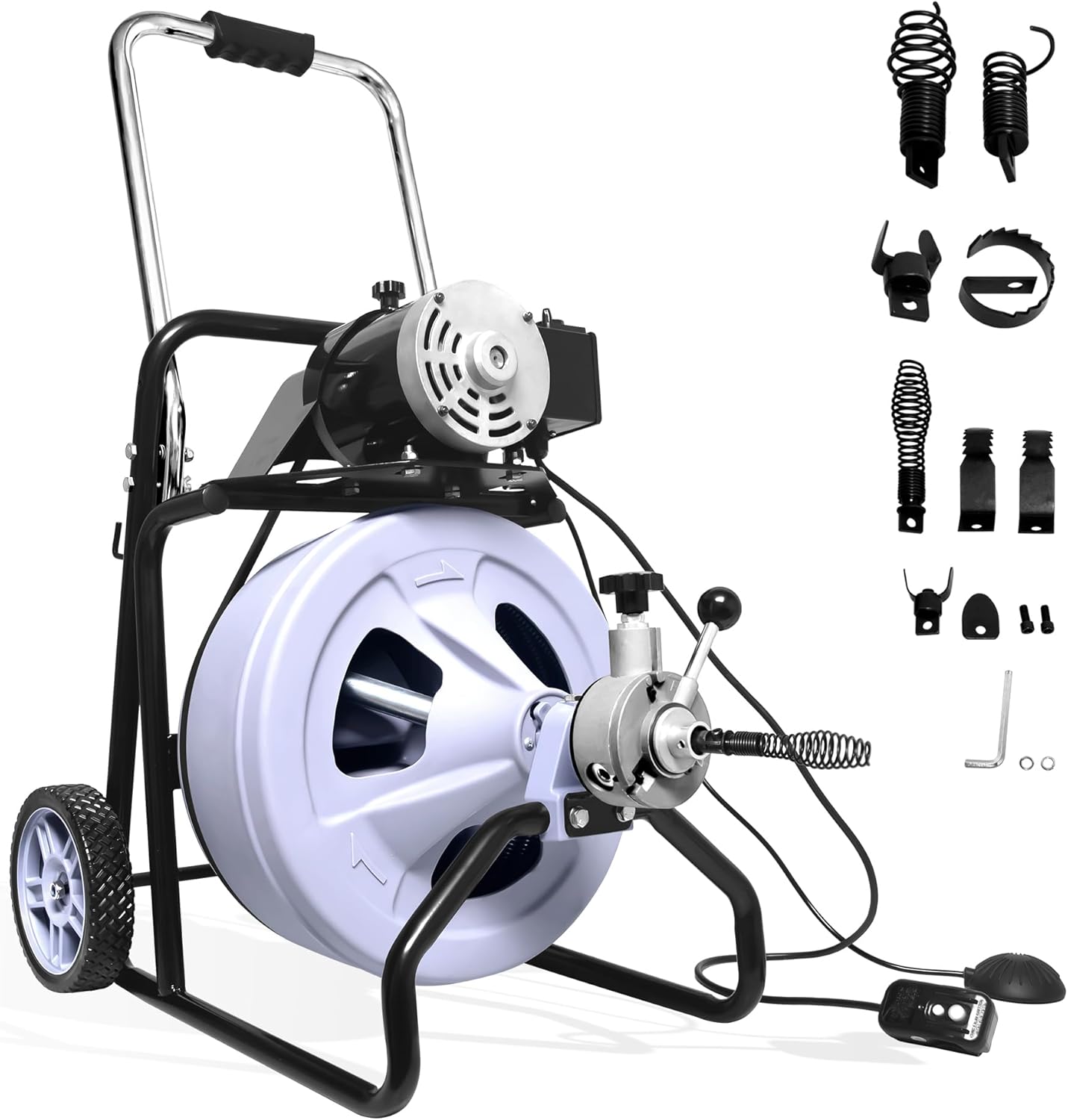 Drain Cleaner Machine 75FT x 1/2 Inch, Auto Feed Sewer Snake Drain Auger - Electric Drain Cleaning Machine Fits 1 Inch to 4 Inch Pipes, Portable Drain Auger Cleaner with 8 Cutters