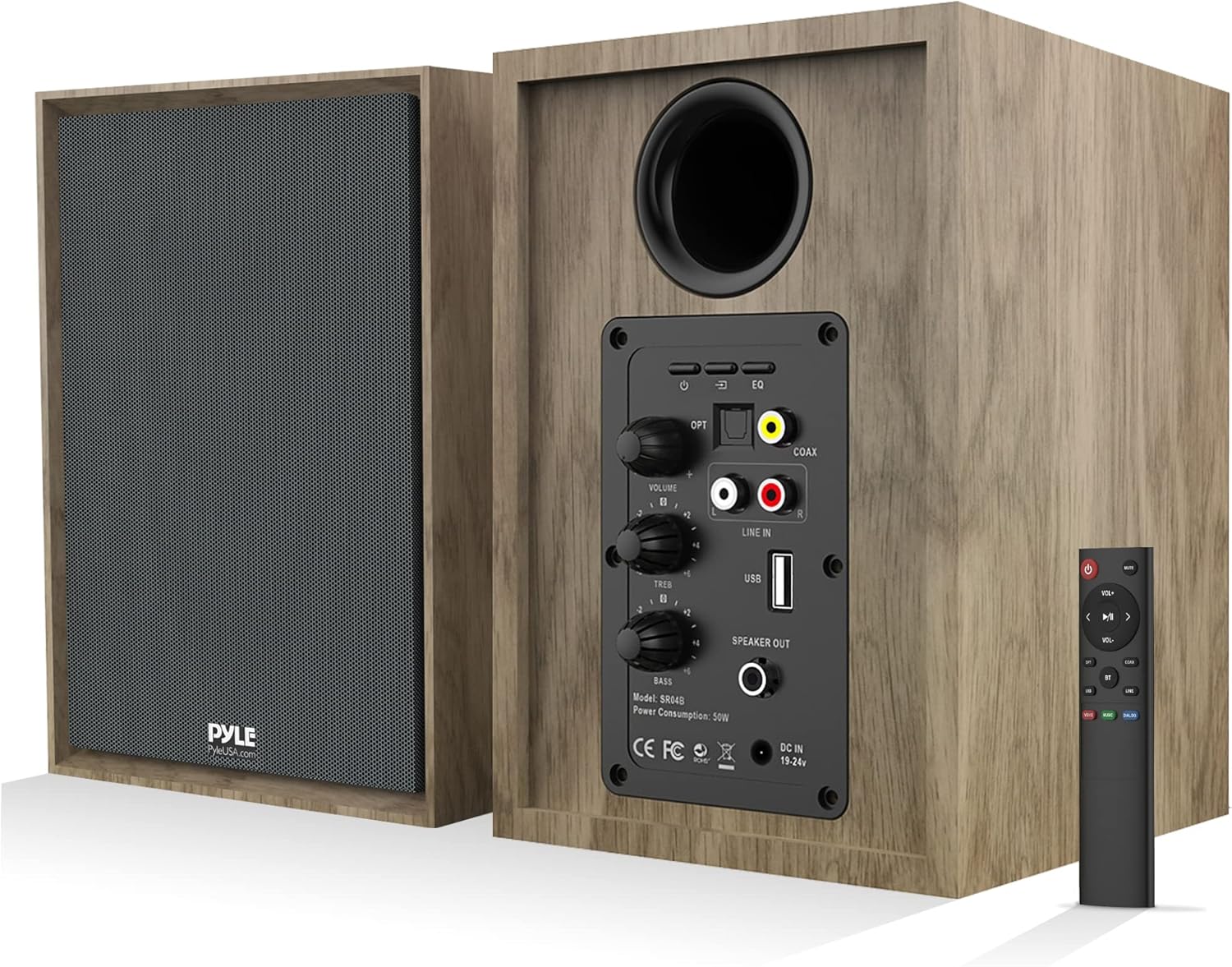 PyleUsa Powered Bookshelf Speaker Monitors HiFi Studio Monitor Computer Desk Stereo Speaker System Opt/Coax/RCA/USB/AUX Out Connection, VOL/TREB/BASS Control Studio Sound, Wood - PBKSRB40