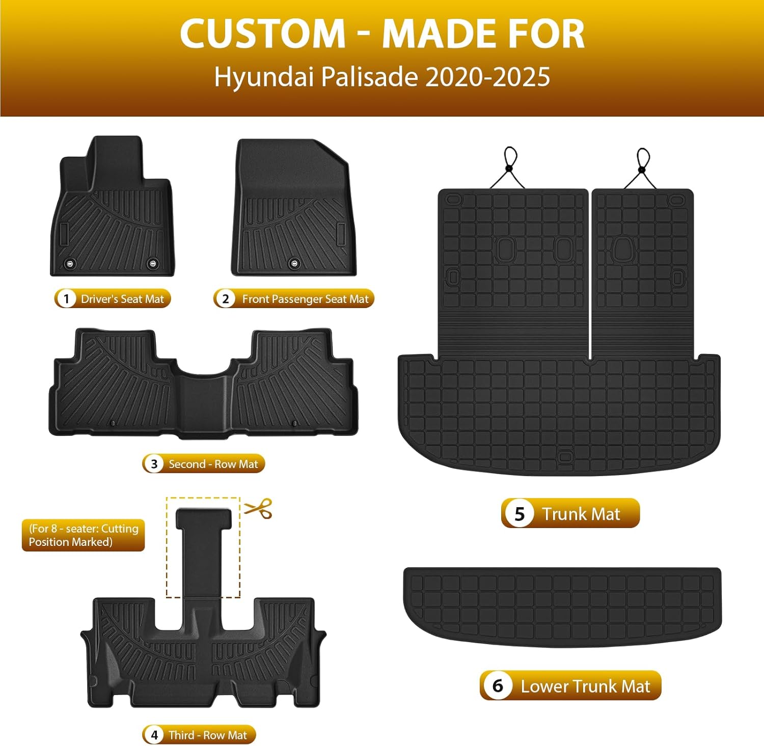 Powerty Floor Mats for 2020-2024 2025 Hyundai Palisade 7/8 Seat Car Mats, All Weather TPE Cargo Liner Backrest Mats Trunk Lower Car Mat Interior Protector Full Set for Palisade Accessories