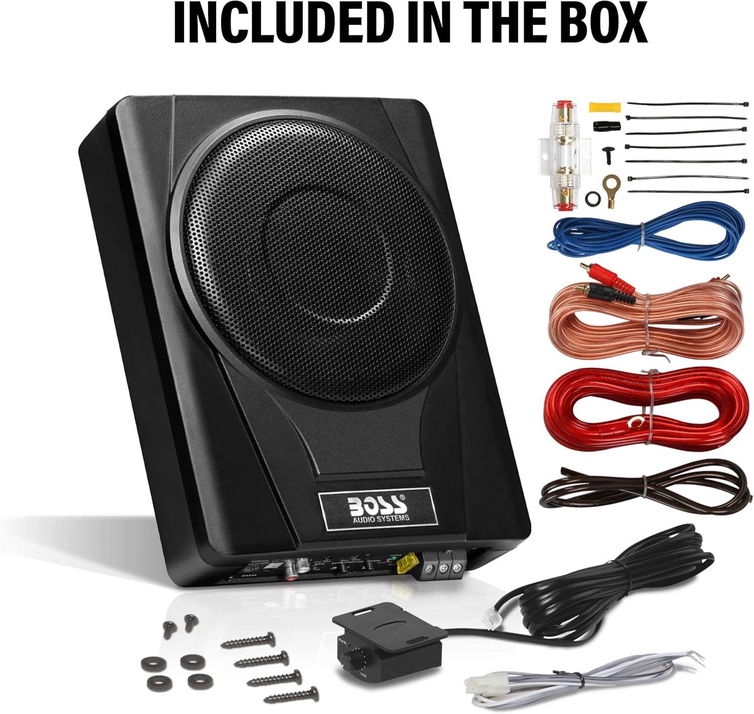 BOSS Audio Systems BASS8K 8 Inch Powered Car Subwoofer and Amplifier Wiring Kit Package - 800 Watts Max Power, Under Seat, Low Profile, 8 Gauge Wiring Kit, for Truck Boxes and Enclosures