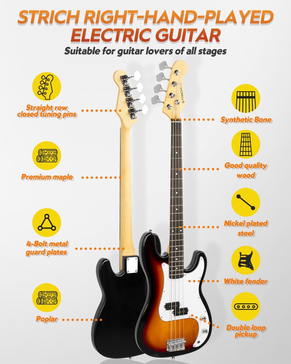 STRICH Electric Bass Guitar 4 Strings Full-Size Beginner Kit, PB-Style Standard Bass for Starter with 2 x 5w Amp, Bag, Tuner, Strap, Cable, SPB-S10 Sunburst