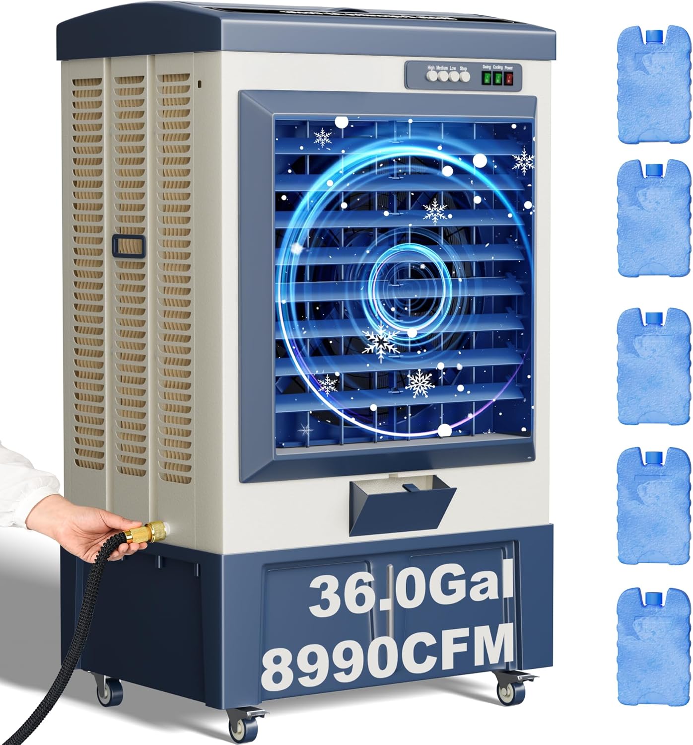 Swamp Cooler, 8990CFM Evaporative Air Coolers with 36 Gal Tank, Windowless Air Conditioner 3 Speeds for Outdoor Use, 58 Inch Air Cooler Water Fan for Patio, Garage, Shop, Commercial Grey