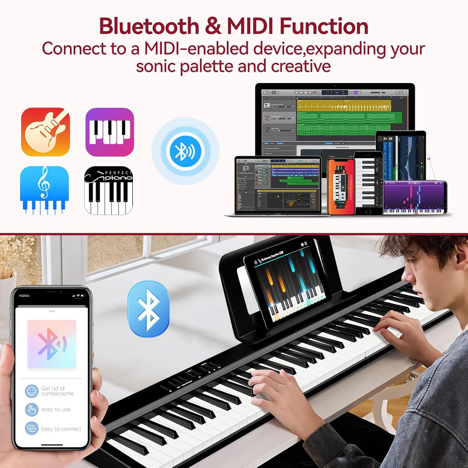 Portable Piano Keyboard Foldable: 88 keys Semi-Weighted keyboard Portable Keyboard Piano with MIDI Bluetooth TERENCE Electric Folding Piano Kit for Adult