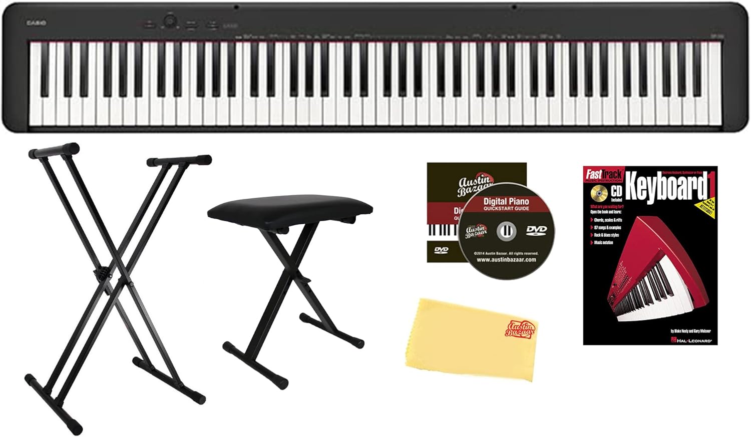 Casio CDP-S160 88-Key Compact Digital Piano - Black Bundle with Adjustable Stand, Bench, Instructional Book, Online Lessons, Instructional DVD, and Austin Bazaar Polishing Cloth