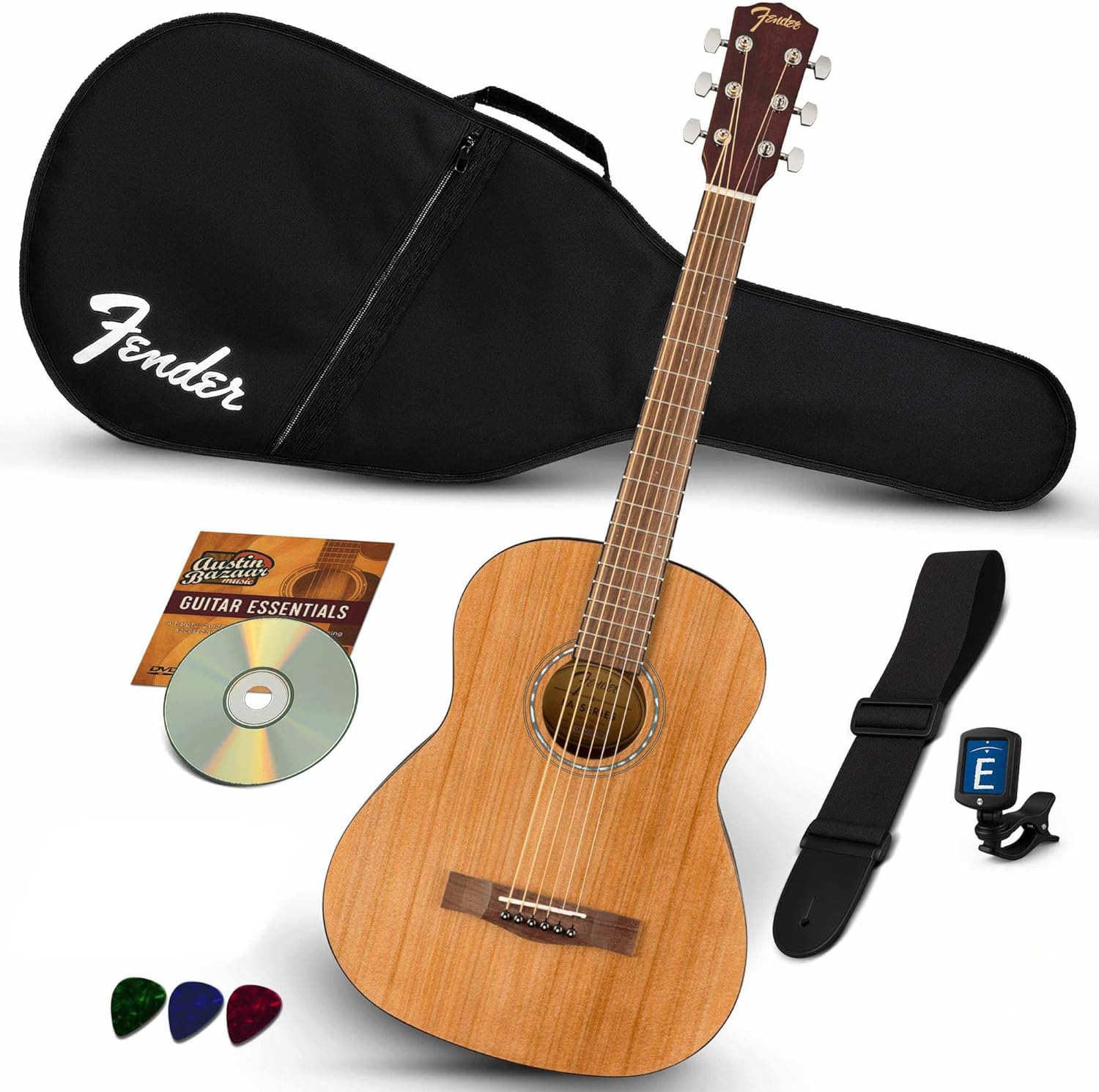 Fender FA-15 3/4-Scale Kids Steel String Acoustic Guitar - Natural Bundle with Gig Bag, Tuner, Strap, Picks, and Austin Bazaar Instructional DVD