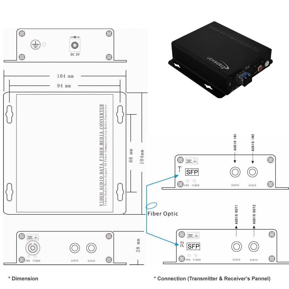 2 Ch RCA Audio Over Optic Fiber Extender with 1 x LC SFP Module, 20 Km Over SMF or 2km Over MMF, Supports 24 & 16-Bit Digitally Encoded Analog Audio