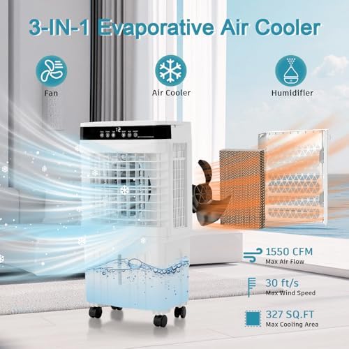 Swamp Cooler Portable Air Conditioners, 28” Evaporative Air Cooler with 3 Gallon Water Tank, 4 Ice Packs, 120°Oscillation Cooling Fan 2 Modes & 3 Speeds, 12H Timer for Home Outdoor Office Garage