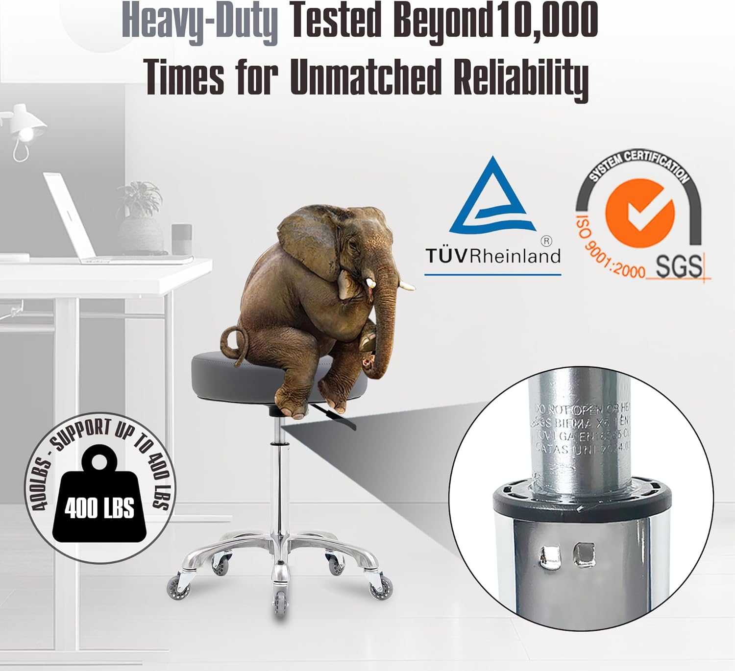 Rolling Stool with Wheels, Heavy Duty 400 lbs Stool for Shop Guitar Lab Tattoo Workbench Medical, Adjustable Swivel Chair (Grey)