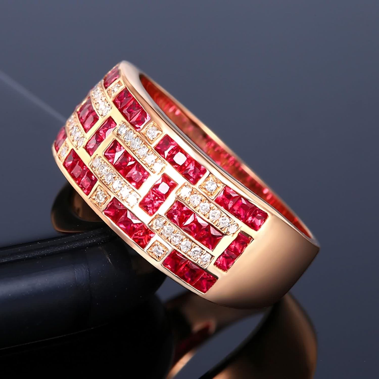 18K Rose Gold Rings, Women's Wedding Bands Lab Created Ruby Drill Row Rose Gold Ring with Moissanite for Bride