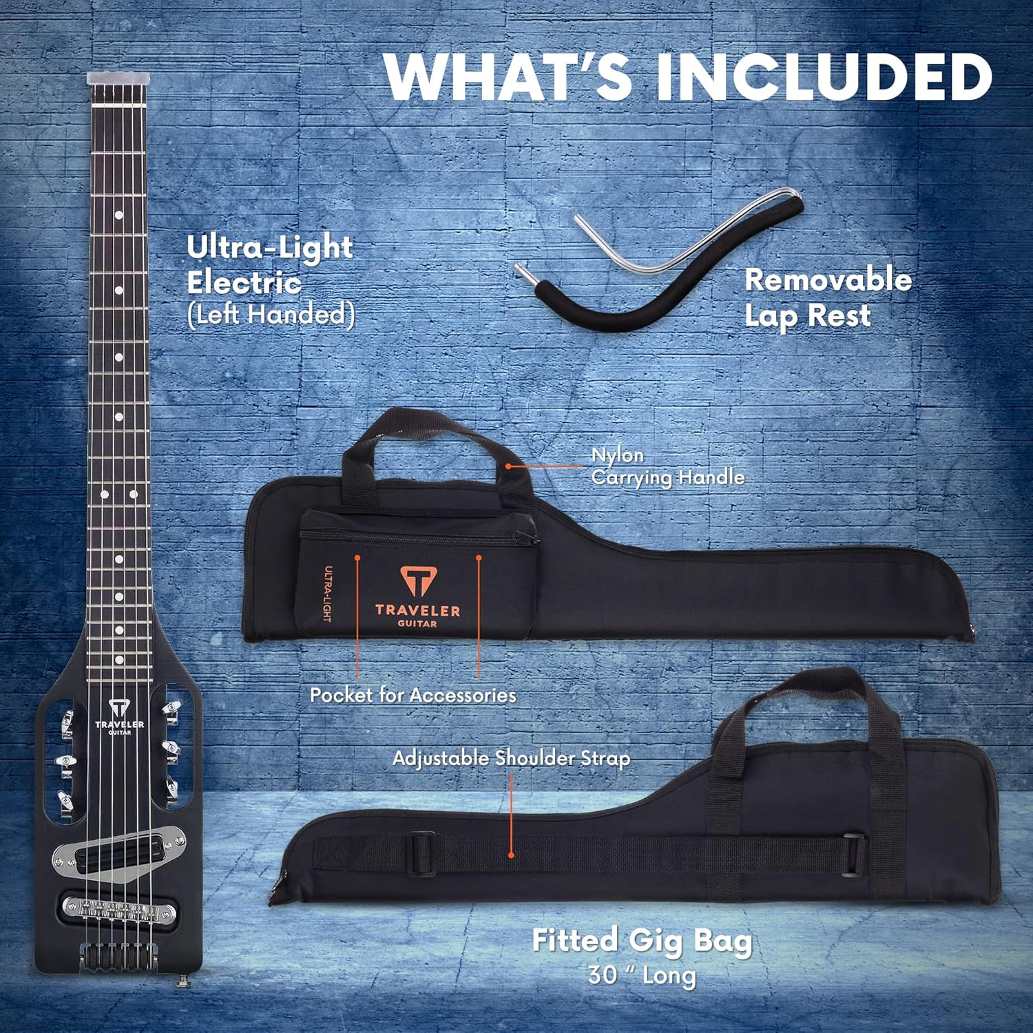 Traveler Guitar Ultra-Light Electric Guitar Matte Black Left-Handed Portable Electric with Removable Lap Rest Full 24 3/4