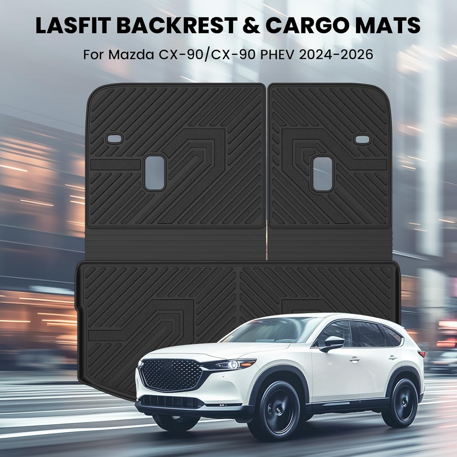 LASFIT Cargo Mat and Backrest Mat for Mazda CX-90 / CX 90 PHEV 2024 2025 2026 7&8 Seats(Not for 6 Seats) TPE Custom Fit All Weather Trunk Liner Waterproof CX90/CX90 PHEV Cargo Tray Accessories, Black