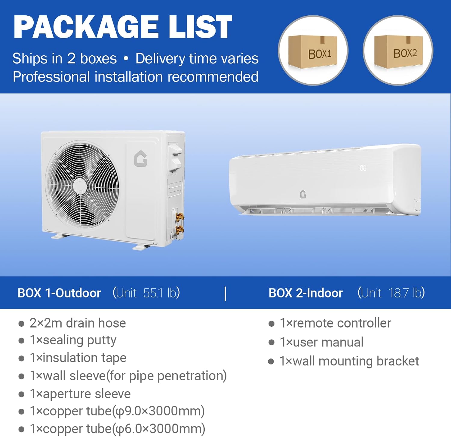 GarveeHome 9000 BTU Mini Split AC/Heating System, 19 SEER2 Inverter 6-in-1 Split System Air Conditioners, Ductless Heat Pump Wall Mount AC Unit Cool Up to 450 Sq. Ft, Installation Kits, 230V