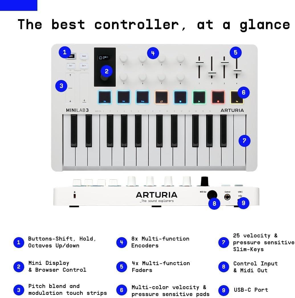 Arturia MiniLab 3 MIDI Controller & Beatstep Compact MIDI Controller & Sequencer Bundle - White