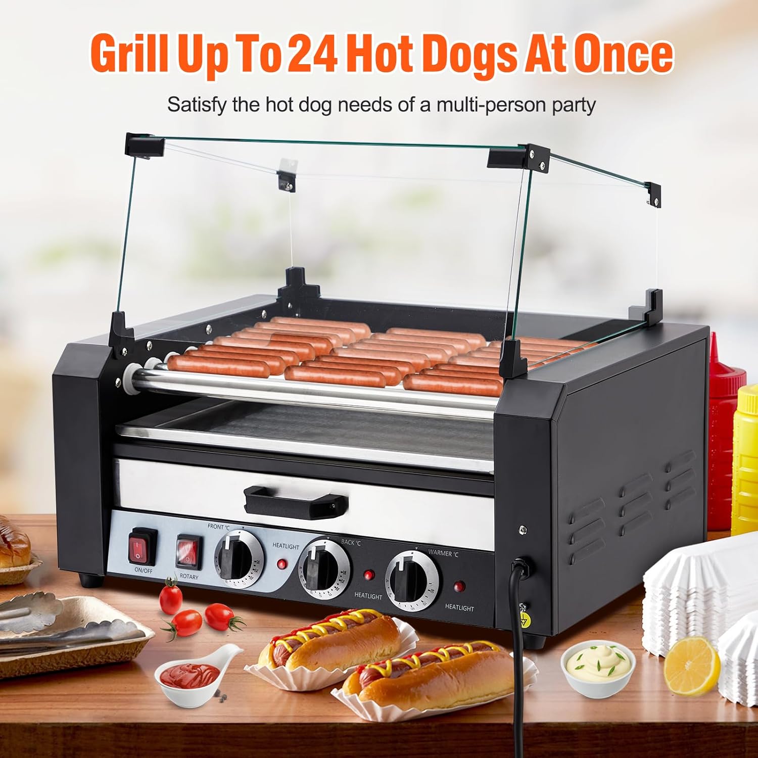 Hot Dog Roller, Electric 24 Hot Dog Capacity 9 Roller, 1650W Sausage Grill Cooker Machine w/Bun Warmer Shelf, Dual Temp Control, Removable Oil Drip Tray, Cover, Stainless, Commercial Grade