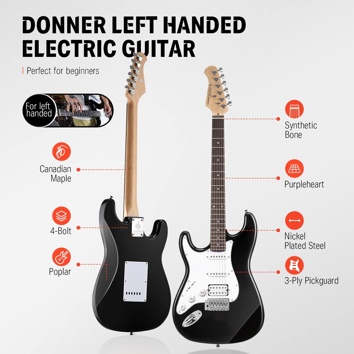 Donner 39 Inch Left-Handed Electric Guitar-Giant Metal Distortion Pedal