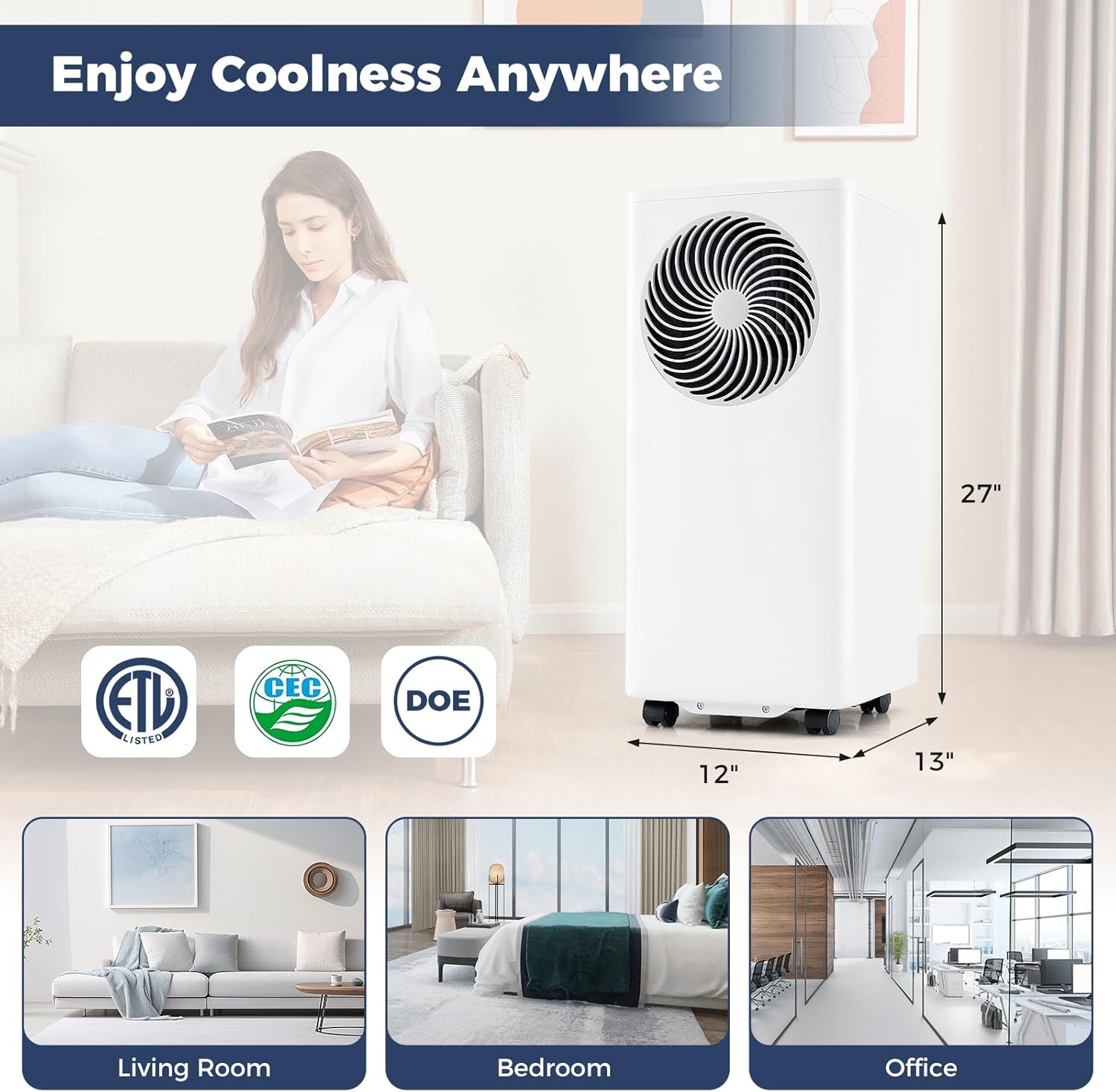 DORTALA Portable Air Conditioner 8200 BTU, 3-in-1 AC Unit with Remote Control, Dehumidifier, 24H Timer, Window Kit, Standing AC for 350 Sq.FT Apartment, Bedroom, White