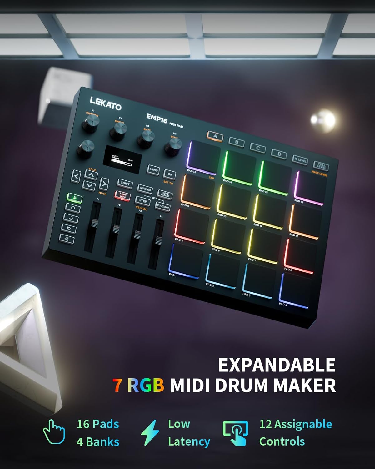 LEKATO MIDI Controller Pad Bluetooth Beat Maker Machine Drum Pad with 16 RGB Beat Pads and 4 Assignable Knobs and Faders, Plug & Play on iPad, iPhone, Mac, PC