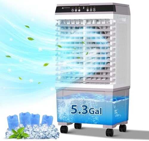 LifePlus Evaporative Air Cooler, 1800CFM Windowless Air Conditioner Portable for Large Room Commercial Garage Outdoor, 3 In 1 Swamp Cooler with Remote Control, 4 Ice Packs, 12H Timer, 5.3 Gallon