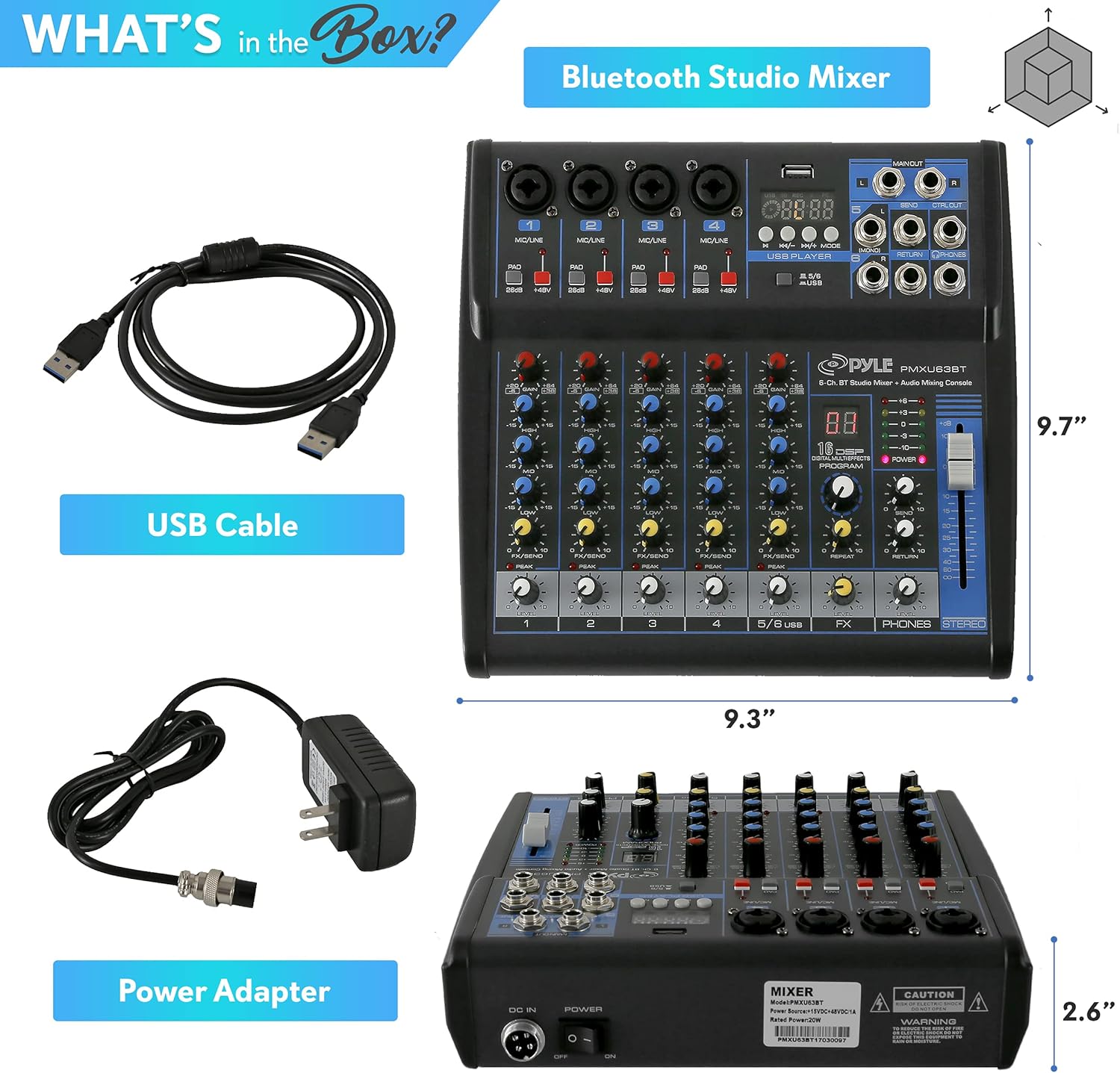 Pyle 6-Channel Professional Audio Mixer - USB - Bluetooth - 48V Phantom Power - Digital MP3 Input - FX 16-Bit DSP - Desk System Interface - PMXU63BT
