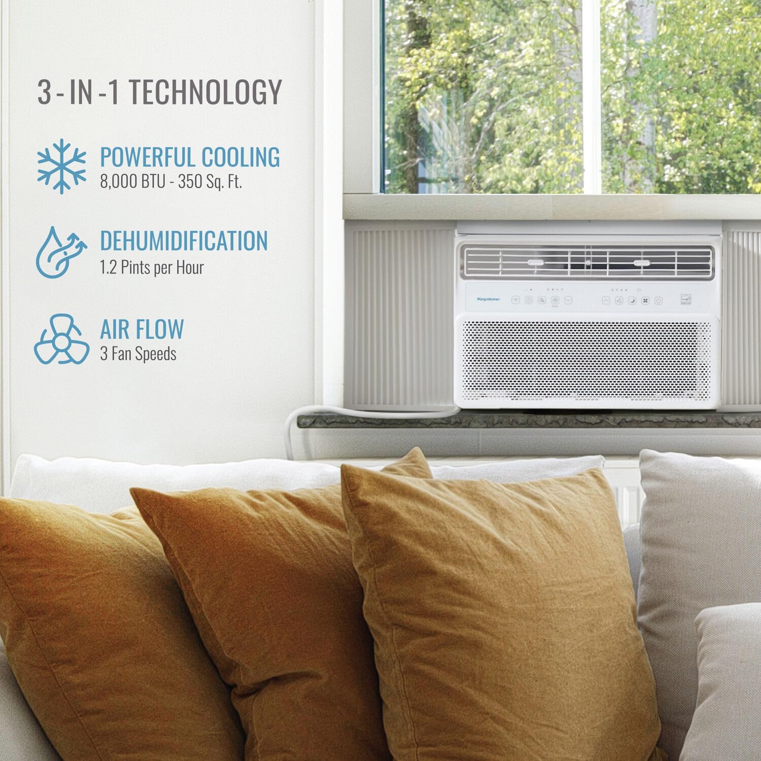 Keystone 8,000 BTU Window Mounted Inverter Air Conditioner with Quiet, High Efficiency Operation and Remote, Window AC Unit for Apartment, Living Room, Bathroom, Small/Medium Rooms up to 350-Sq. Ft.