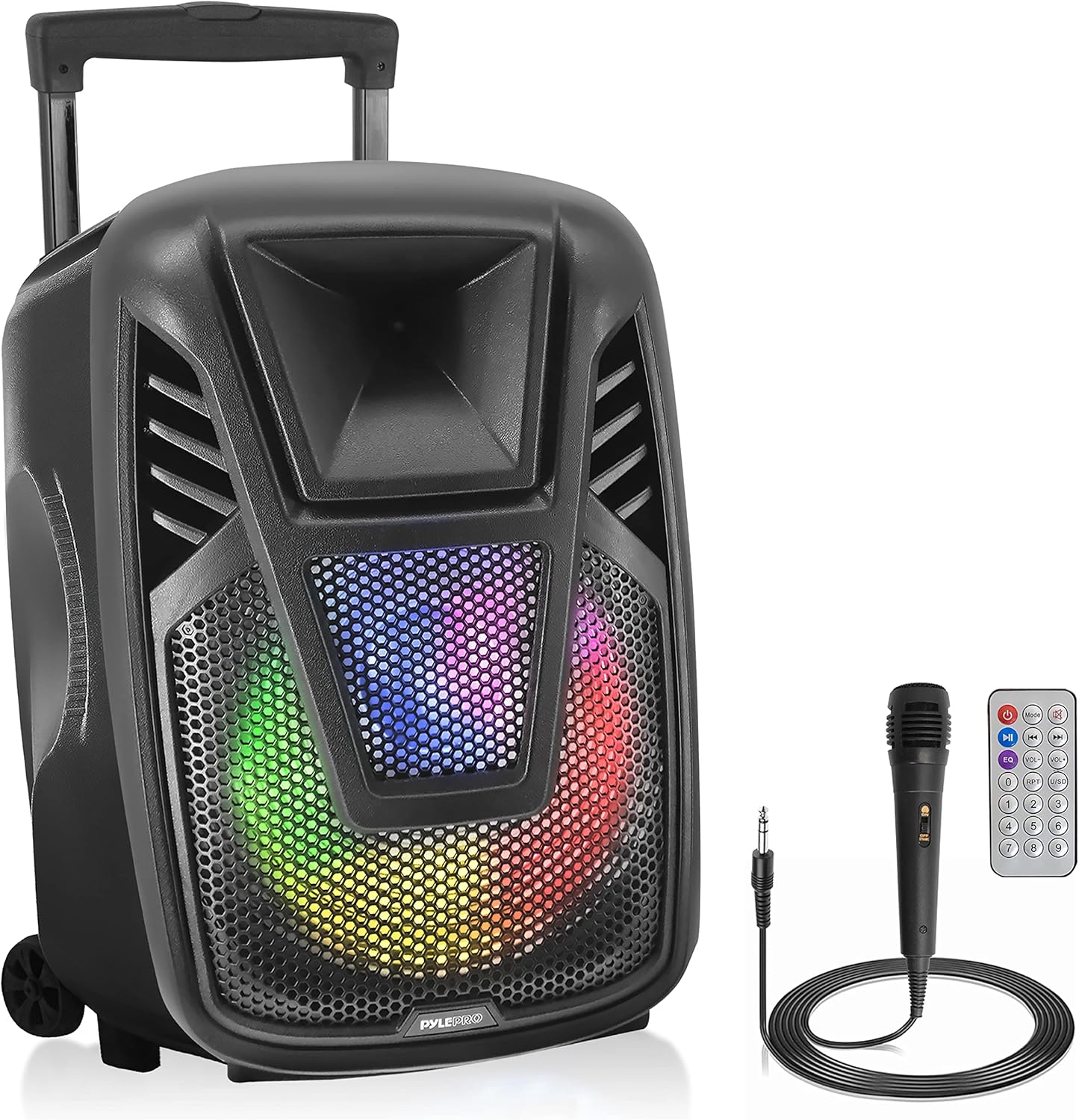 Pyle 15” Portable Bluetooth PA Speaker System - 800W Wireless Rechargeable Loudspeaker with LED Party Lights, Rolling Wheels, Built-in Amp, & Remote Control - Indoor/Outdoor Karaoke Machine (Black)