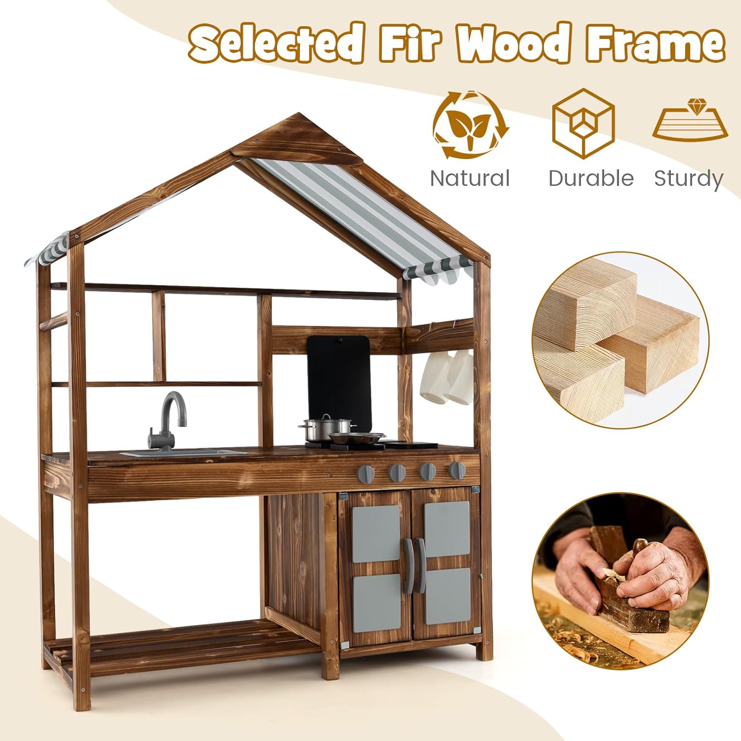 KOTEK Mud Kitchen with Canopy, Outdoor Play Kitchen with Removable Sink, Chalkboard, 4 Stoves, Cooking Accessories & Storage Cabinet, Wooden Toy Kitchen Playset for Kids Age 3+