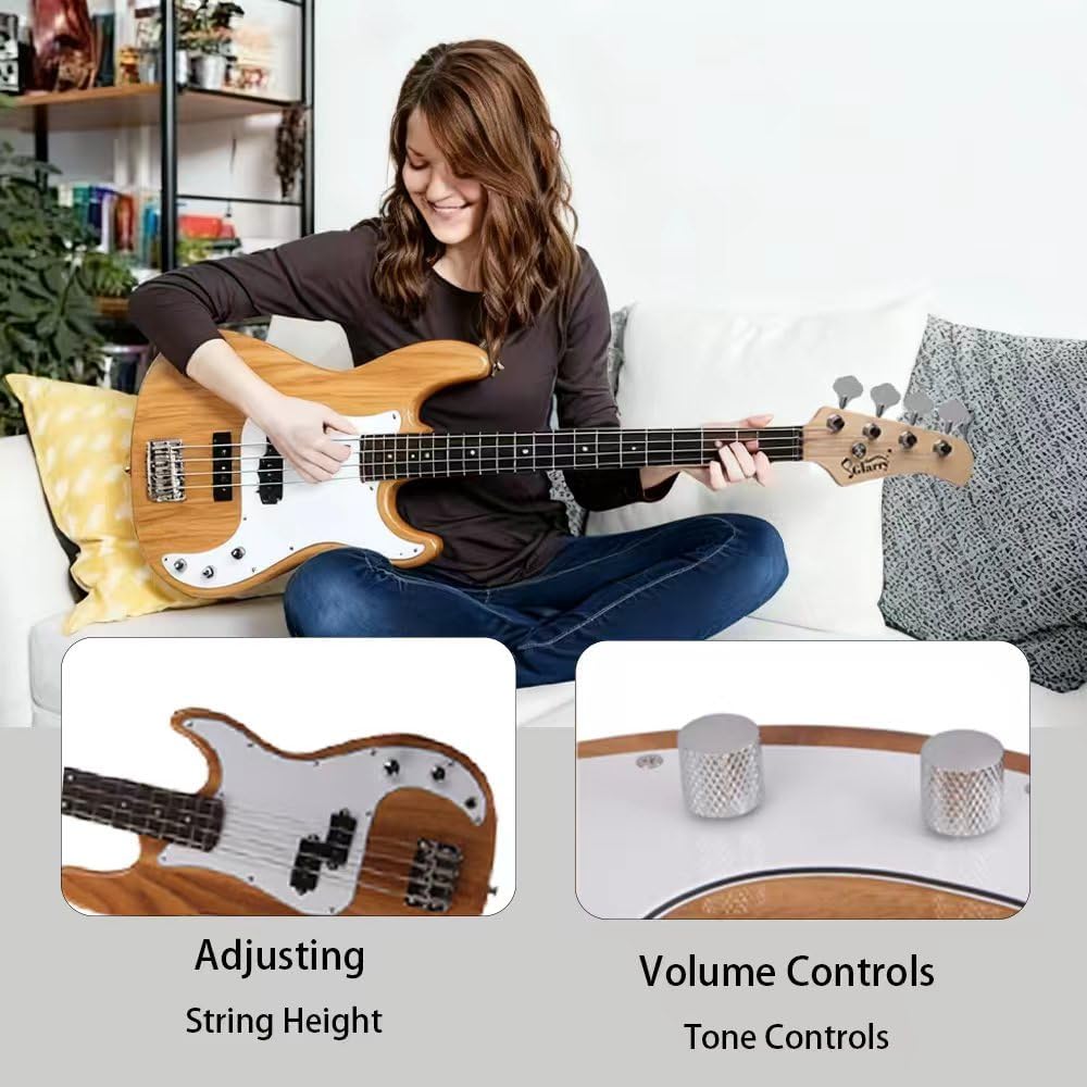 Glarry P Electric Bass Guitar Exquisite Full Size 4 String Guitar with AMP, Beginner Bass with Guitar Bag, Power Line & Wrench Tool (Dark Burlywood)