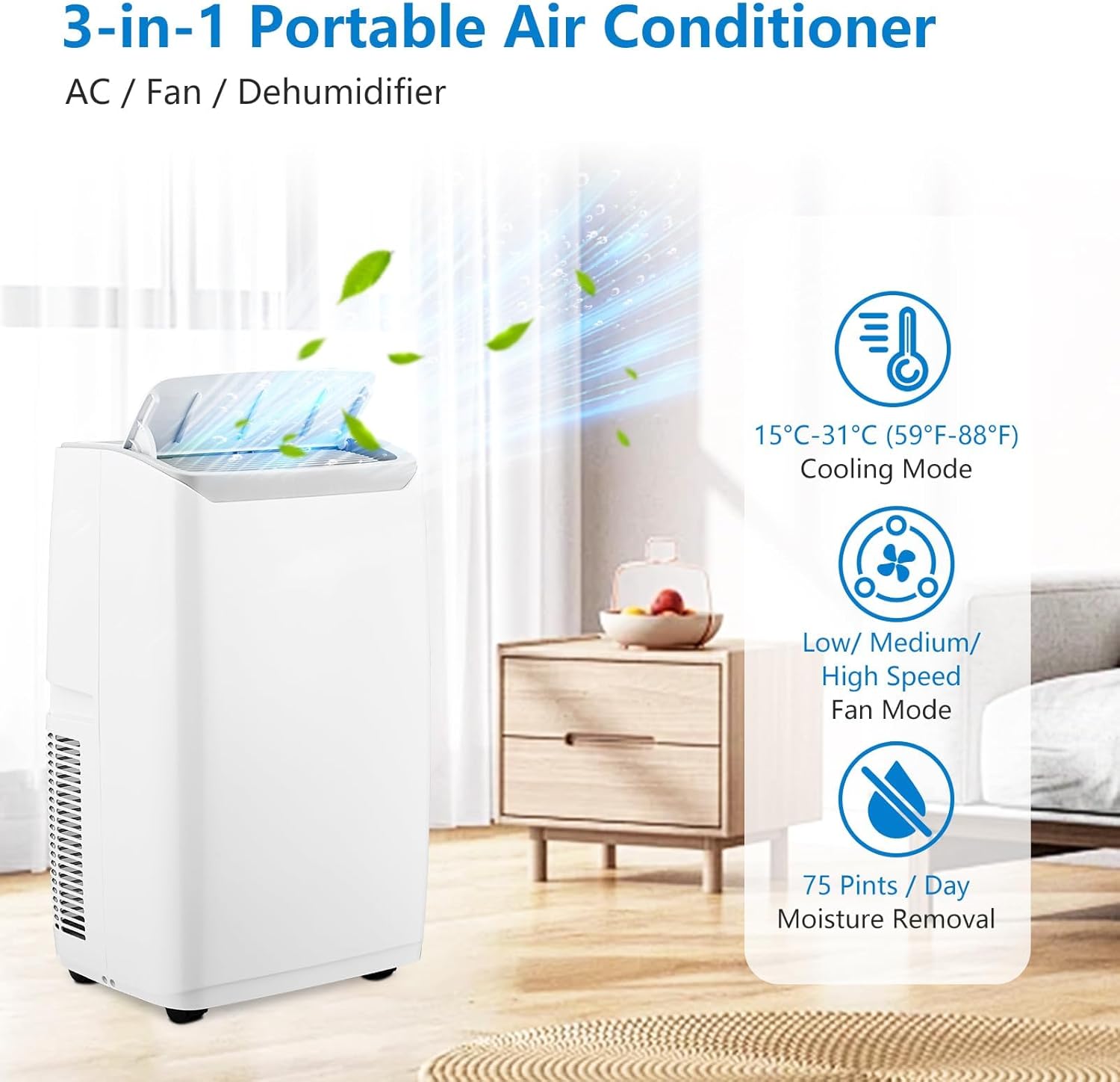 Portable Air Conditioners, 14000 BTU Portable AC Unit with Remote Control, 3-In-1 Air Conditioner for Room, Dorm, Office, Cools Up to 750 Sq. Ft, Sleep Mode, 24H Timer, Window Kit, White and Grey