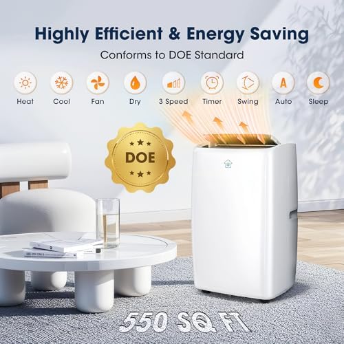 12000BTU Portable Air Conditioners, Smart AC Unit with App & Remote Control, 4-in-1 Cooling, Heating, Dehumidifier, Fan for Rooms up to 550 sq.ft, 24H Timer, White