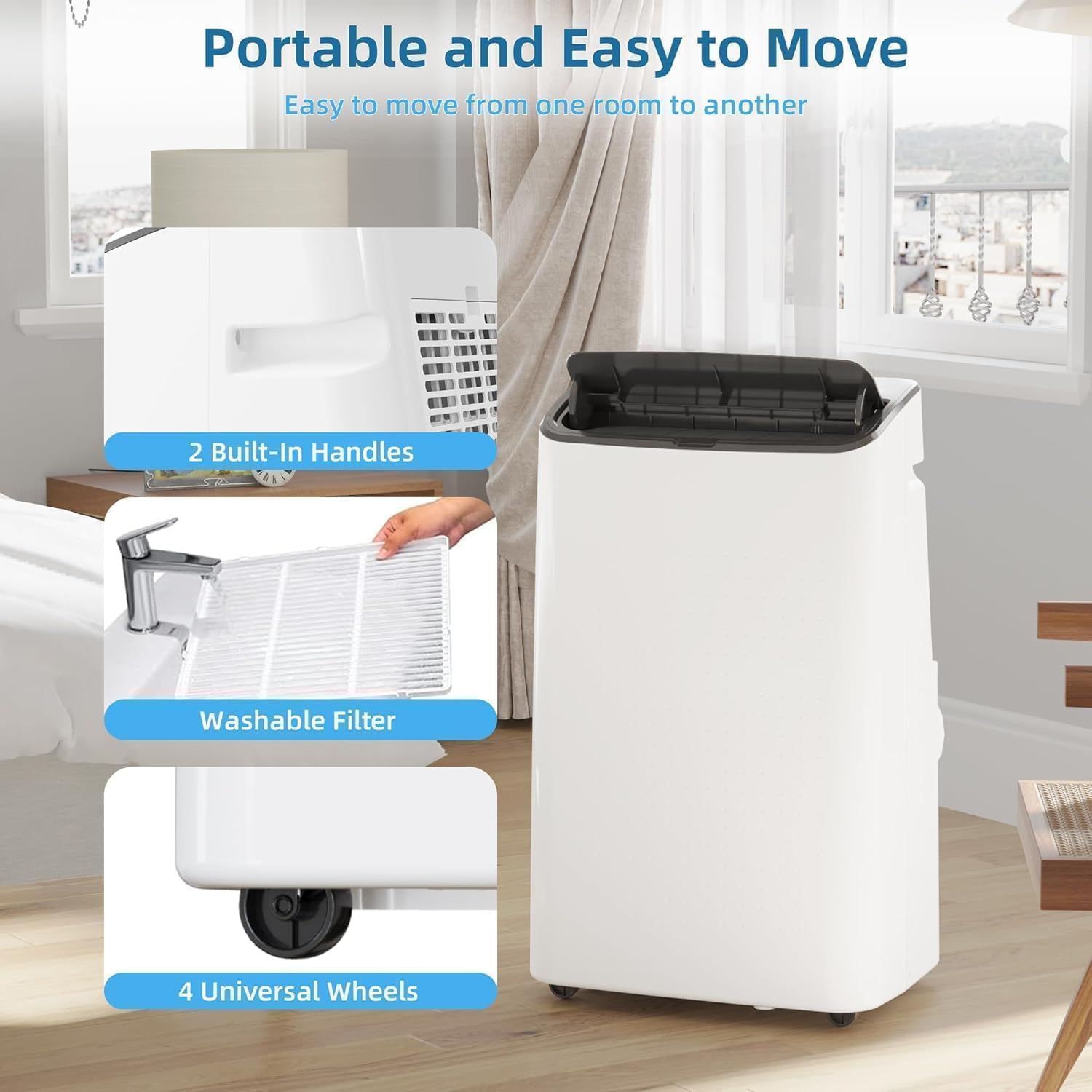 14,000 BTU Portable Air Conditioner Cools Up to 750 Sq.Ft, 3-IN-1 Quiet Portable AC Unit with Remote Control & Installation Kits for Large Room, Smart/Sleep Mode, Auto Swing, 24H Timer