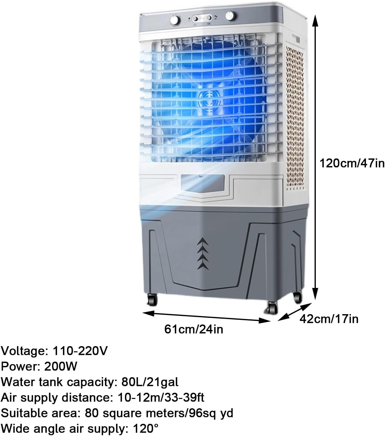 Portable Air Conditioners, Air Conditioner Fan, Strong and Resistant to Pressure, Wide-angle Air Supply, 3 Wind Speeds, 80L/21gal Water Tank, for Room, Office