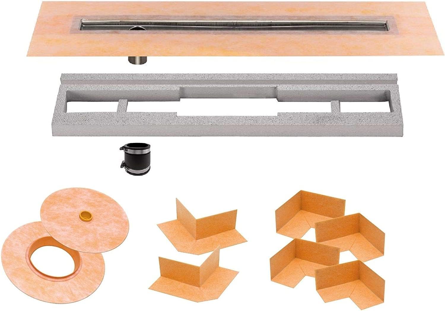 All-in-one Waterproof Linear Shower Drain Kit with 32 Inch Off-set Outlet Channel Body (KL1VO60E80) and Drain Grate Assembly (Cover) in Tileable Design(KL1DROE80)