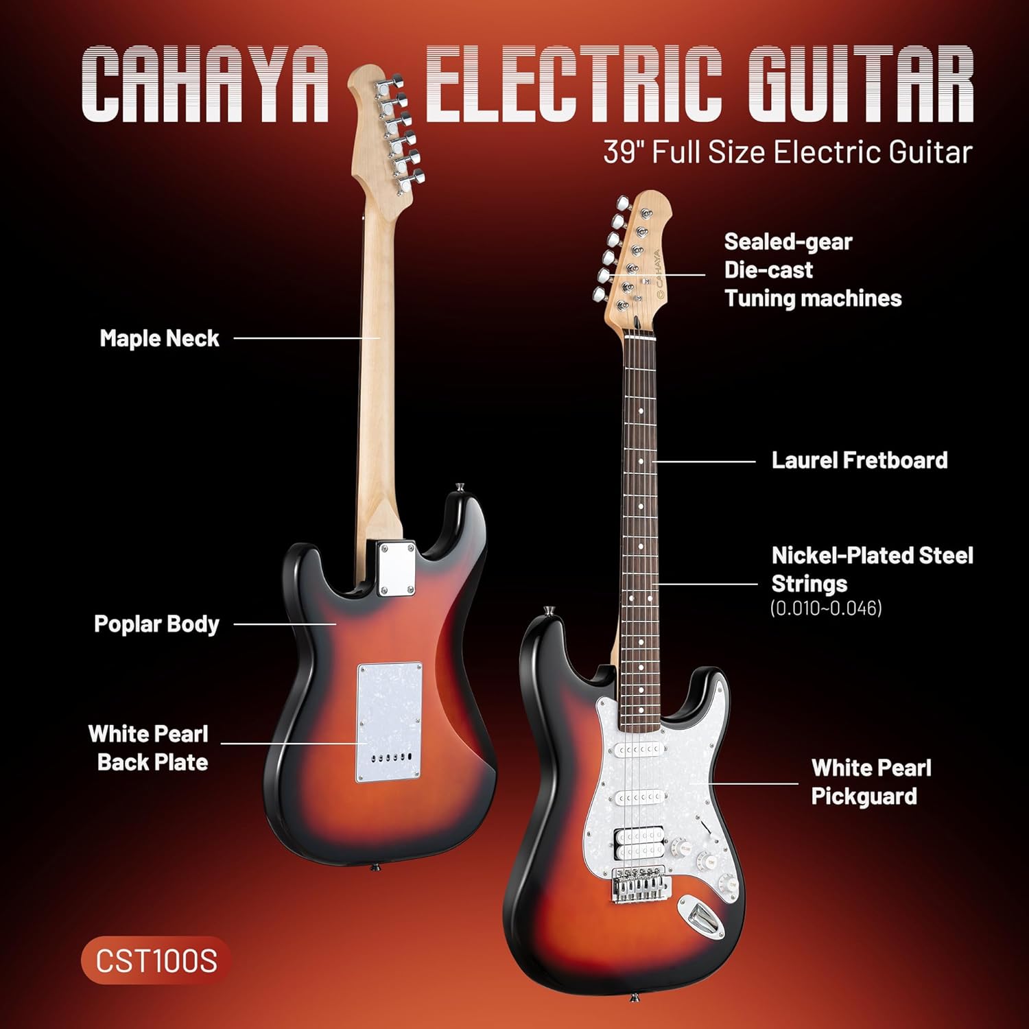CAHAYA Electric Guitar Kit 39in - Full Size Electric Guitar Kit for Beginner Starter Poplar Solid Body with 10W Amplifier, Gig Bag, Strap, Tuner, Cable, String, Picks