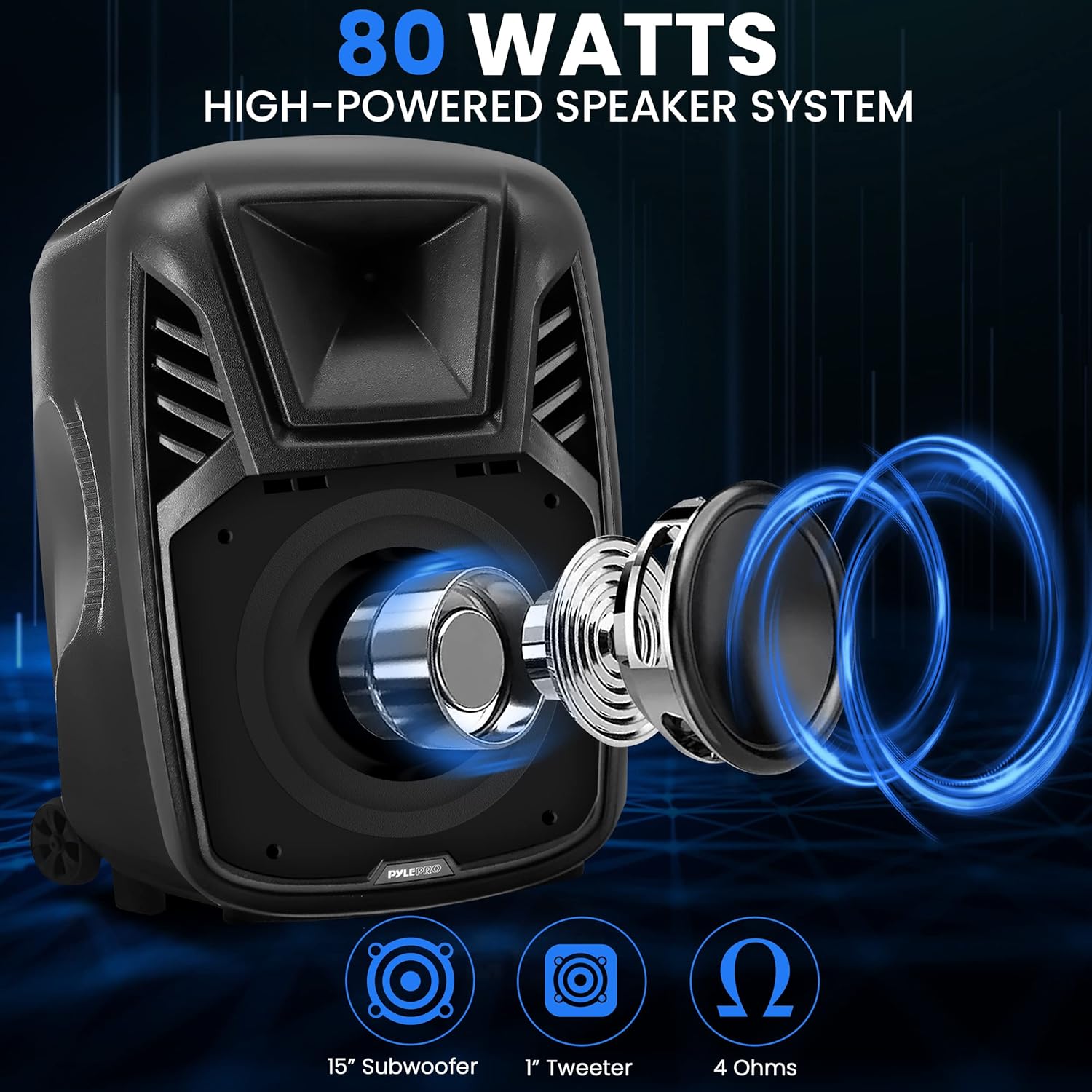 Pyle 15” Portable Bluetooth PA Speaker System - 800W Wireless Rechargeable Loudspeaker with LED Party Lights, Rolling Wheels, Built-in Amp, & Remote Control - Indoor/Outdoor Karaoke Machine (Black)