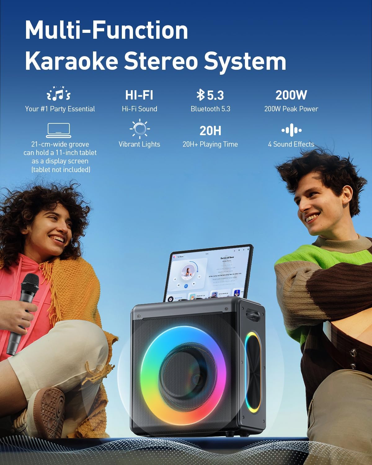 Karaoke Machine with 2 Wireless Microphones: Portable Bluetooth Speaker for Adults & Kids - PA System with Lights Supports TWS/TF Card/USB/AUX for Home Party-Stage Subwoofers