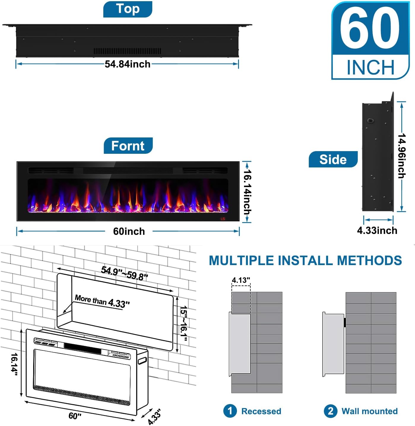 60 Inch Electric Fireplace Recessed and Wall Mounted, Fireplace Heater and Linear Fireplace, Ultra-Thin Electric Fireplace, Low Noise, with Timer, Remote Control, Adjustable 12 Flame Color, 750/1500W