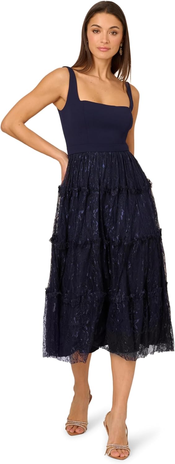 Adrianna Papell Womens Crepe and Lace Midi Dress