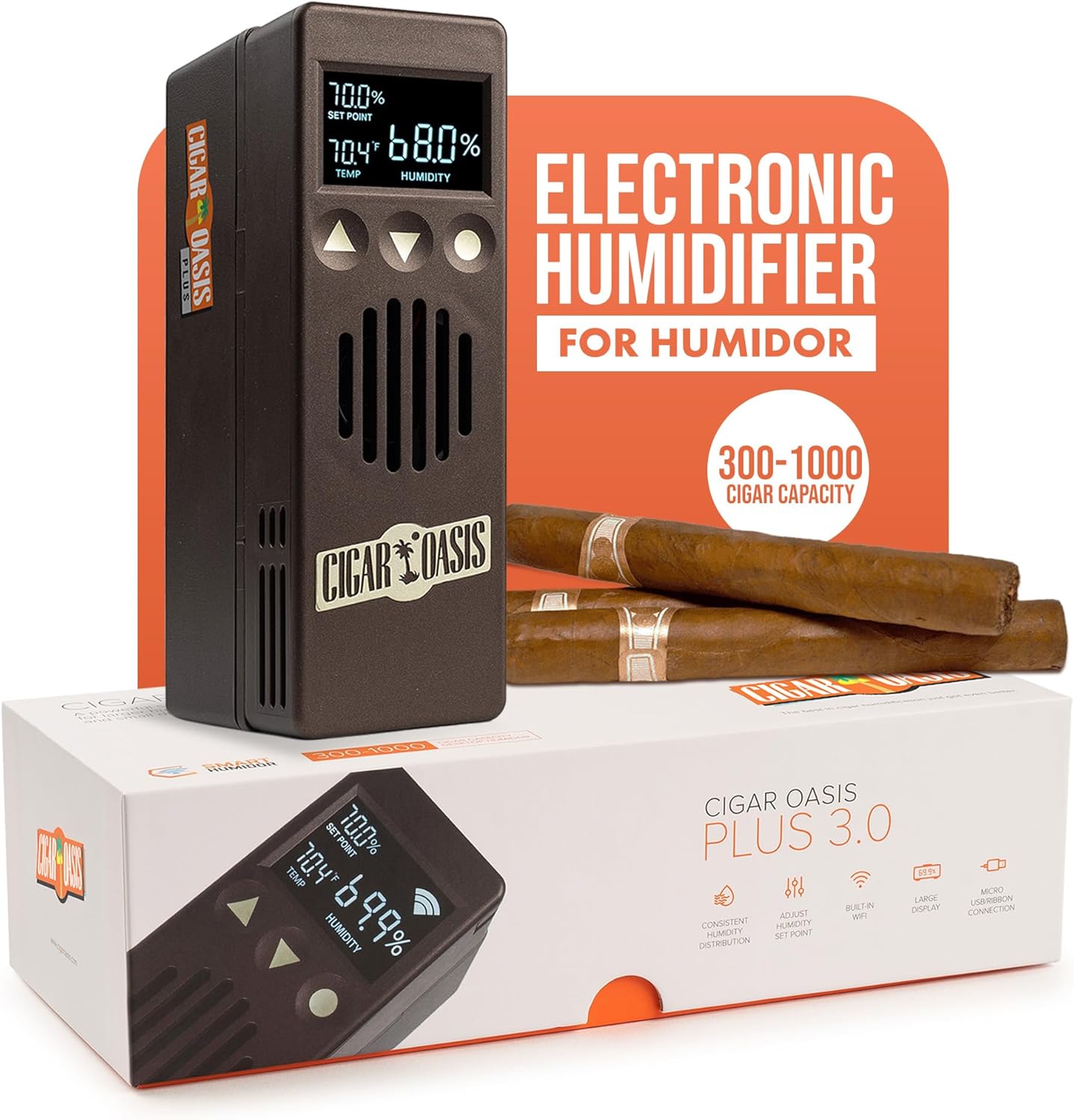 Oasis Plus 3.0 - Advanced Electronic Humidifier - LCD Display, Sensor Fan, Soft-Touch Button - 300-1000 Capacity - Refill Cartridge, Vapor Technology, Accessory Kit