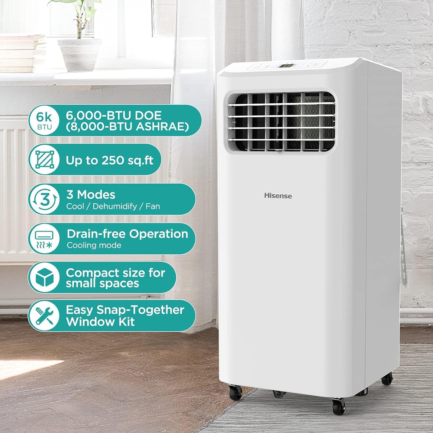 Hisense Portable Air Conditioner 6,000 BTU Cooling Dehumidifier Fan for Smaller Room up to 250 sq ft, Remote Control, White (Renewed)